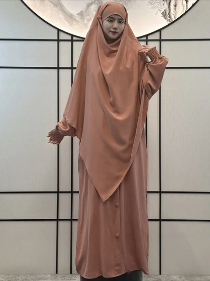 Muslim Women Prayer Dress with Khimar Hijab 2 Piece Set Eid Abaya Long Robe Headscarf Islamic Morocco Kaftan Vestidos Jalabiya