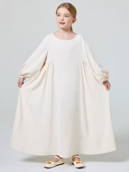 Ramadan Girl Abaya Muslim Elegant Solid Crew Neck Long Sleeve Kaftan Kids Dress For Pray Party