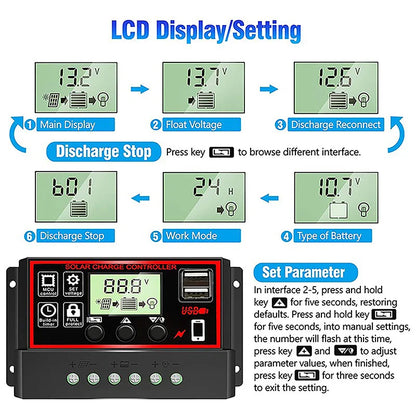 10/20/30/40/50/60/70/80/90/100A New Solar Controller Digital Display LCD Screen Automatic Solar Panels Battery Charge Controller