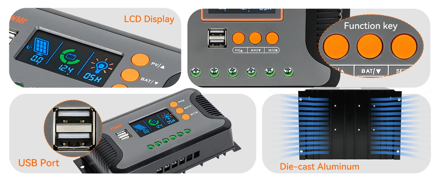 Solar Charge Controller PWM 80A 60A 30A 12V 24V 36V 48V Auto Solar Regulator LCD Display with Dual USB fit for Lithium Batteries