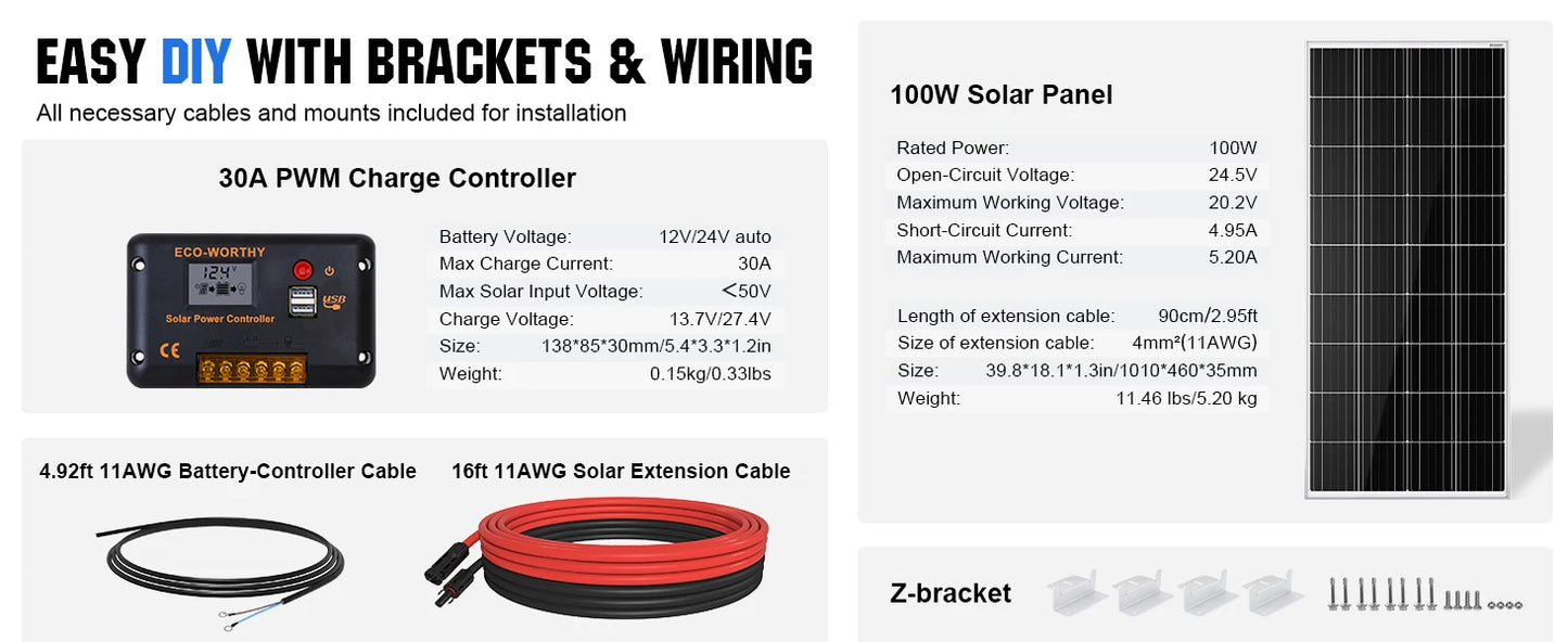 ECO-WORTHY 200Watts 12 Volt/24 Volt Solar Panel Kit withHigh Efficiency Monocrystaline Solar Panel and 30A PWM Charge Controller