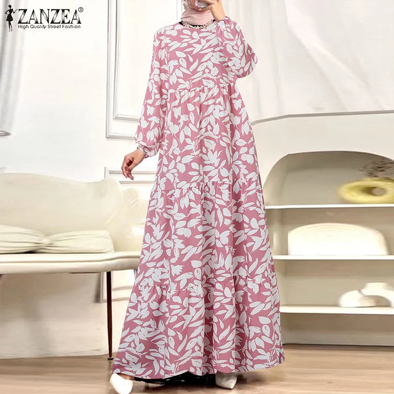 Bohemain Floral Printed Dresses ZANZEA Fashion Autumn Women Long Sleeve Muslim Abaya Robe Femme IsIamic Hijab Sundress Vestidos