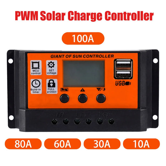 100A/80A/60A/30A/10A PWN Auto Solar Charge Controller Dual USB LCD Display Output 5V Auto Solar Panel Battery Charge Regulator