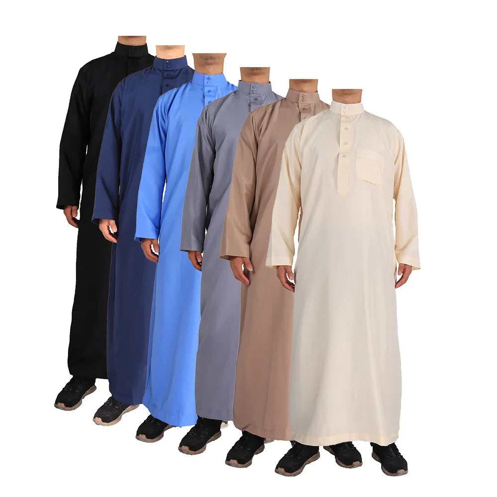 New 2025 Middle East Muslim Men Dress Long Sleeve Jubba Thobe Ramadan Eid Dishdasha Robe Muslim Islamic Kaftans Arab Clothing