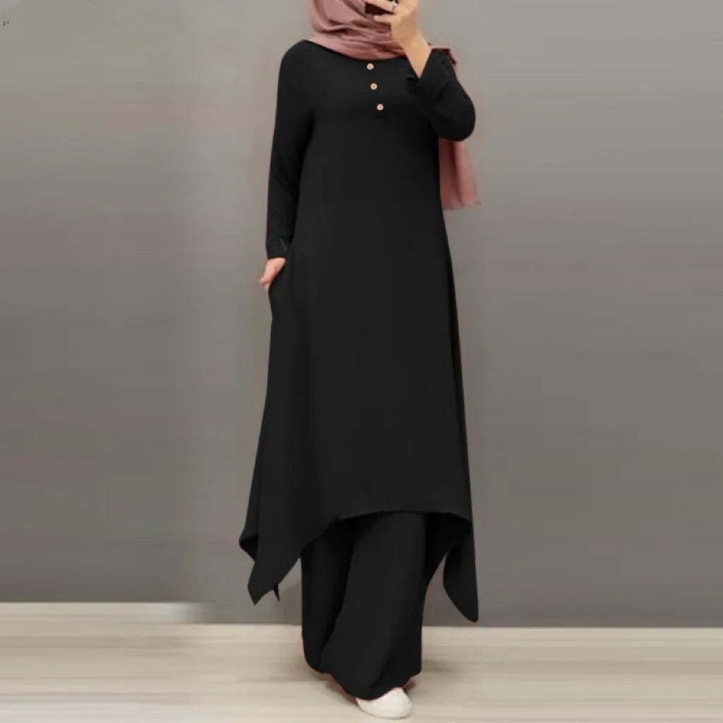 Traf Muslim Pants Suit Women Long Sleeve Blouse Abaya Loose Matching 2-pc Set Solid Bottoming Shirts Fashion Clothing StreetWear