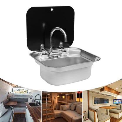 Steel Hand Wash Basin Sink with tap with Folded Faucet Tempered Glass Lid van Camper Trailer Accessories for RV Caravan or Boat