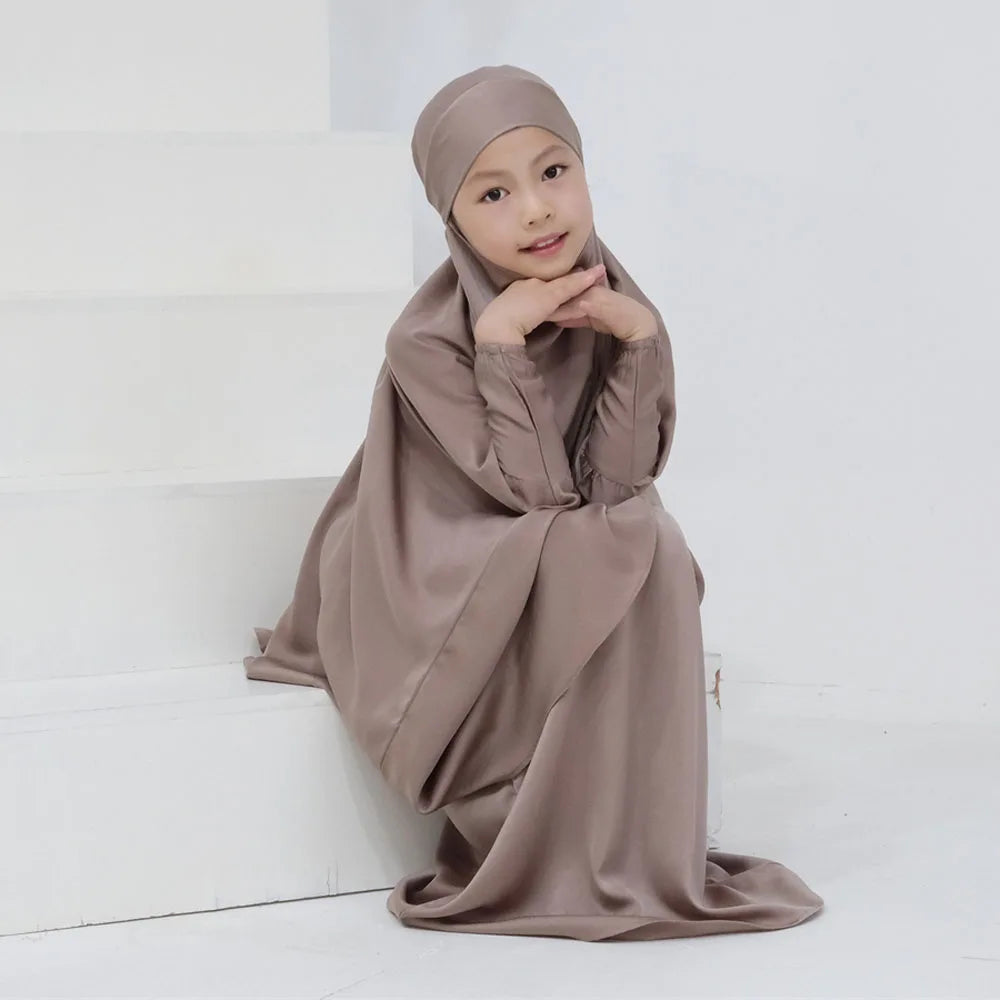 Gowns for Kids Girls Islamic Clothing 2 Piece Sets Dubai Muslim Outfits Overhead Hijabs Abaya Khimar Skirt Ramadan Eid Dresses