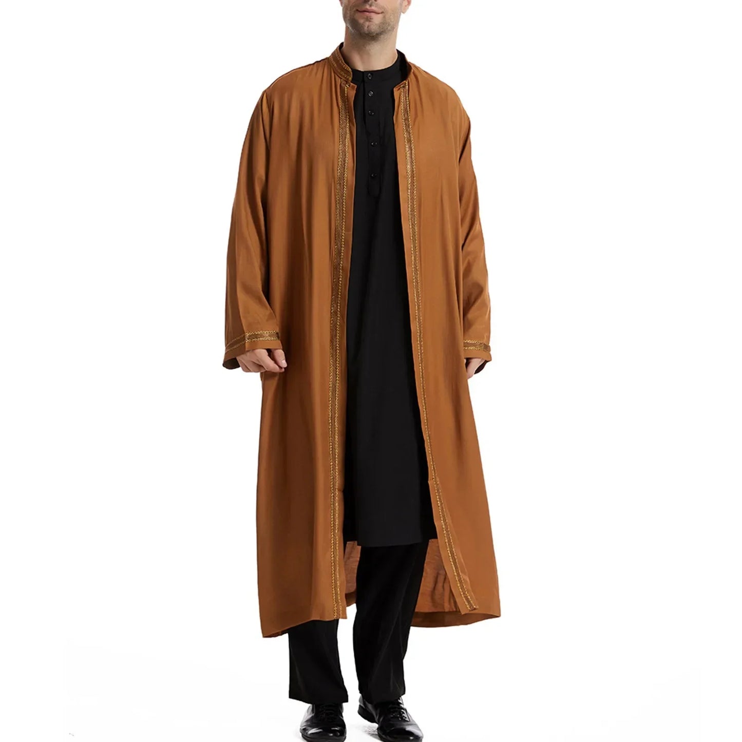 Men Open Abaya Muslim Saudi Jubba Thobe Islamic Clothing Ramadan Kimono Long Sleeve Robe Caftan Dubai Stand Collar Arabic Dress