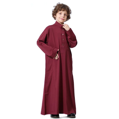 Boys Islamic Clothing Kids Muslim Jubba Thobe Solid Long Sleeve Stand Collar Kaftan Robes Arab Dubai Children Casual Abaya Dress