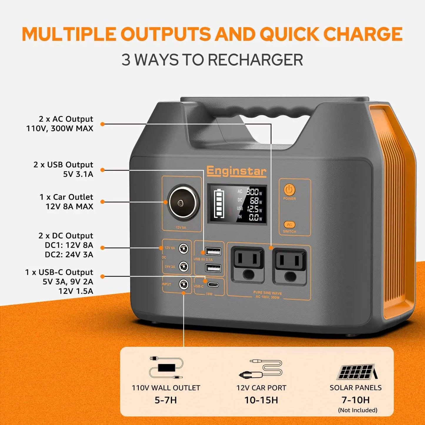 EnginStar Portable Power Station 300W 296Wh Battery Bank with 110V Pure Sine Wave AC Outlet for Outdoors Camping Hunting