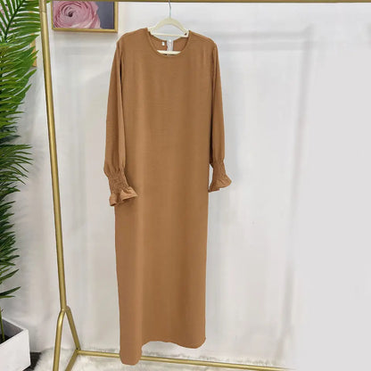 Under Abaya Inner Long Slip Dress Solid Color Smocked Cuffs Islamic Clothing Muslim Woman Casual Dubai Turk Modest Hijabi Robe