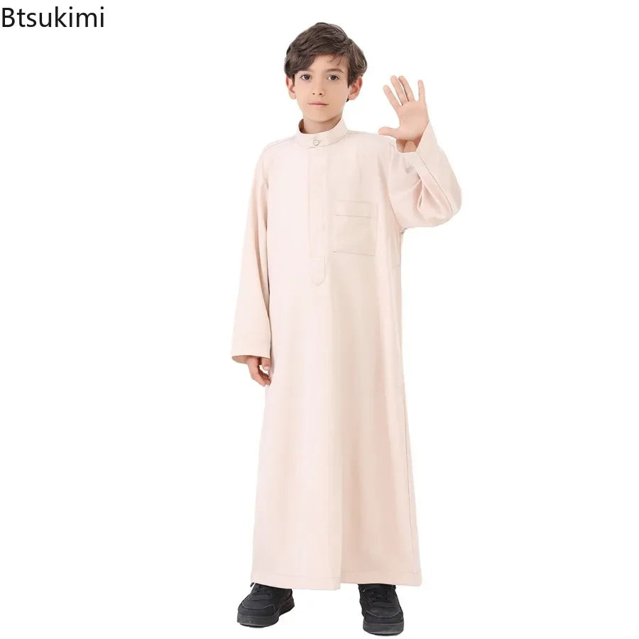 2025 Muslim Kids Jubba Thobe Solid Long Sleeve Robe Arab Islamic Clothing Middle East Teen Abaya Ramadan Kaftan Boys Robe Dress