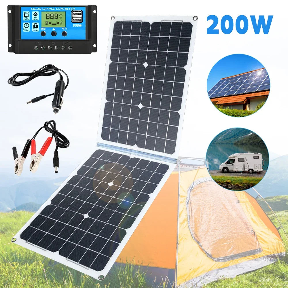 200W Foldable Solar Panel 12V Solar Cell with 100A Controller USB Battery Charger Solar Panel Kit for Phone RV Car Charging