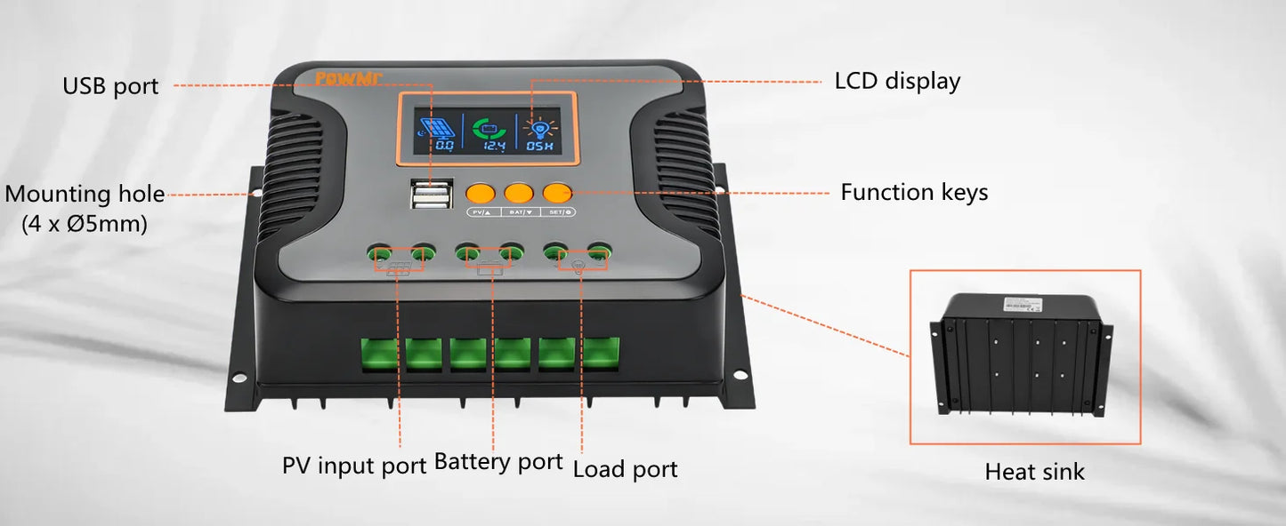 30A 60A 80A PWM Solar Charger Controller 12V 24V 36V 48V Auto Max PV 100Vdc with Dual USB Port Backlight LCD Display Regulator