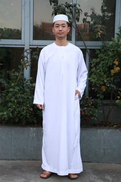 National Costume Men Muslim Clothing White Jubba Thobe Long Sleeve Robes Dubai Middle East Men Islamic Arabic Kaftan Headwear