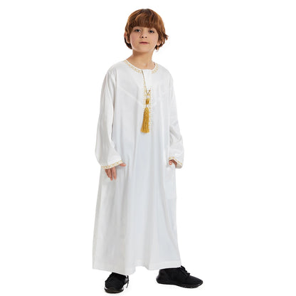 Luxury Muslim Thobe Boys Saudi Dress Kids Islamic Clothing Turkish Arab Dubai Black White Yellow Abaya Children TH881