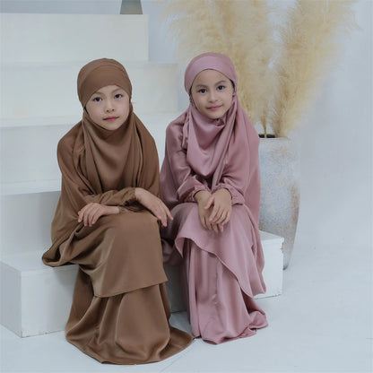 Gowns for Kids Girls Islamic Clothing 2 Piece Sets Dubai Muslim Outfits Overhead Hijabs Abaya Khimar Skirt Ramadan Eid Dresses