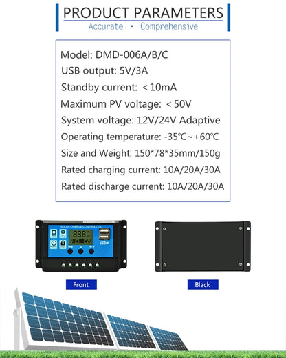 10A 20A 30A PWM Solar Charge Controller 12V/24V Solar Regulator USB 5V Panel Battery Regulator Intelligent LCD Display