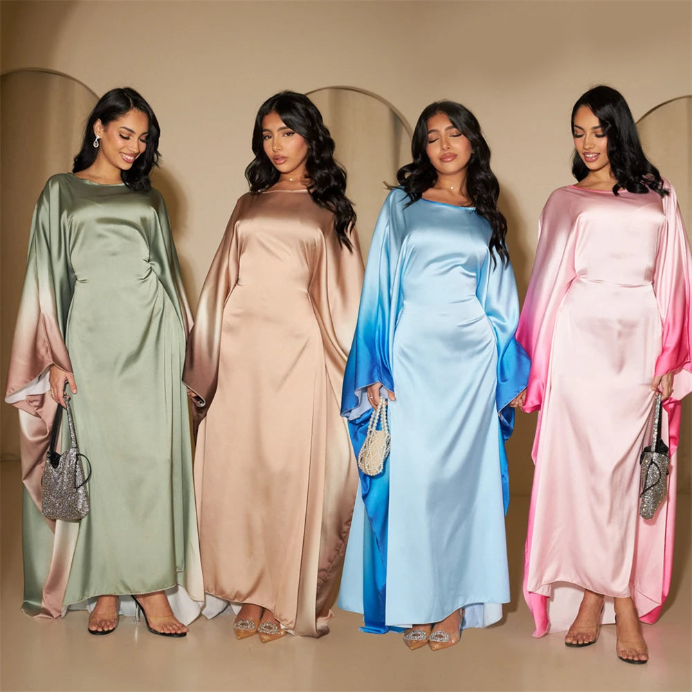 Gradient Batwing Butterfly Sleeve Satin Abaya Dubai Luxury Muslim Kaftan Dress For Women Kebaya Caftan Marocain Femme Vestidos