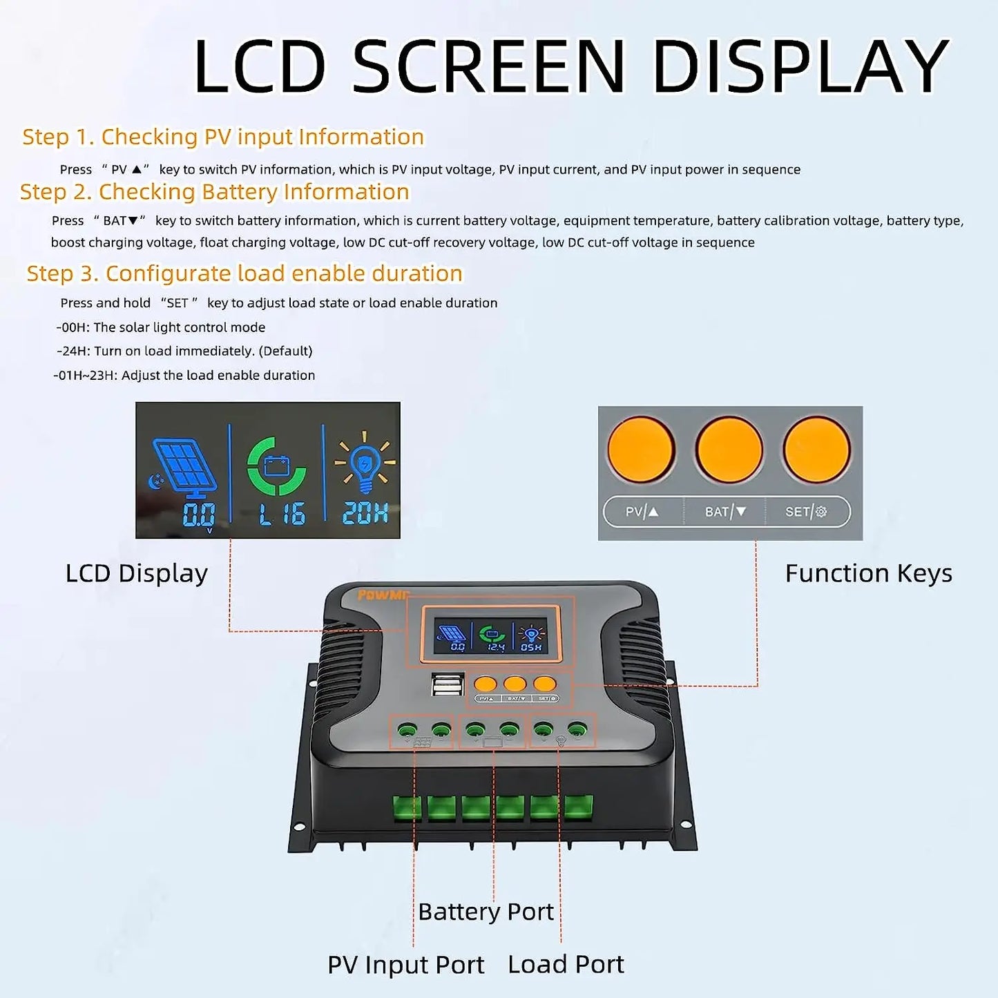 30A 60A 80A PWM Solar Charger Controller 12V 24V 36V 48V Auto Max PV 100Vdc with Dual USB Port Backlight LCD Display Regulator