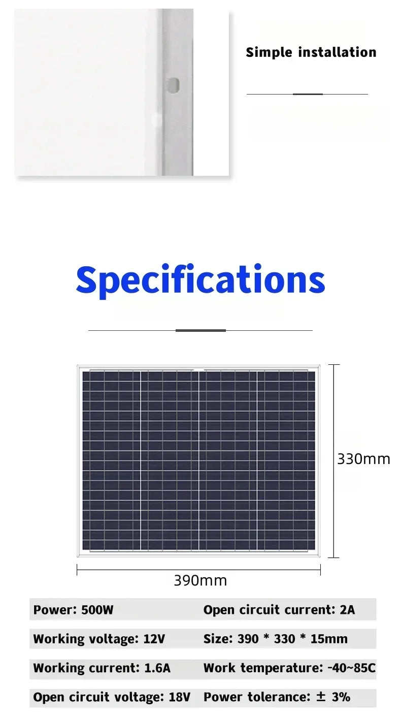 500W 1000W Solar Panel Kit Complete 12V Polycrystalline Power Portable Outdoor Rechargeable Solar Cell Solar Generator for Home