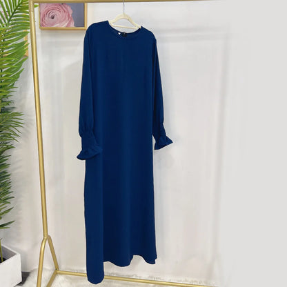 Under Abaya Inner Long Slip Dress Solid Color Smocked Cuffs Islamic Clothing Muslim Woman Casual Dubai Turk Modest Hijabi Robe