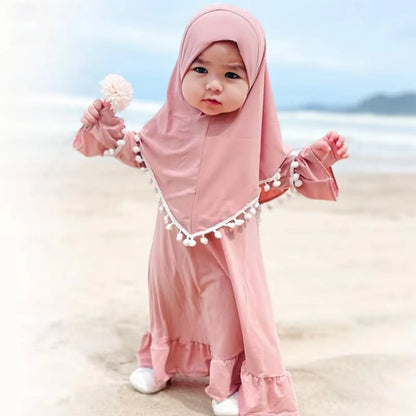 Muslim Abaya Robe And Headscarf Set For Girls 0-5 Years Pure Color Robe With Hijab Girls Outfits&Set Children Muslim Outfits