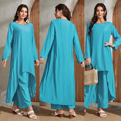 Women's Muslim Two Piece Set Fashion Elegant Solid Colour Irregular Long Dress Top Wide Leg Pants Robe Abaya Muslim Woman Dubai