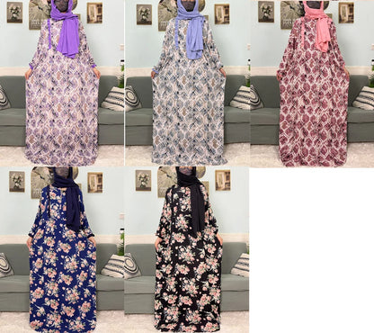 Muslim Traditional Ramadan Abayas For Women's Prayer Garment Cotton Printed Floral Boubou Loose Femme Robe Connected Headscarf