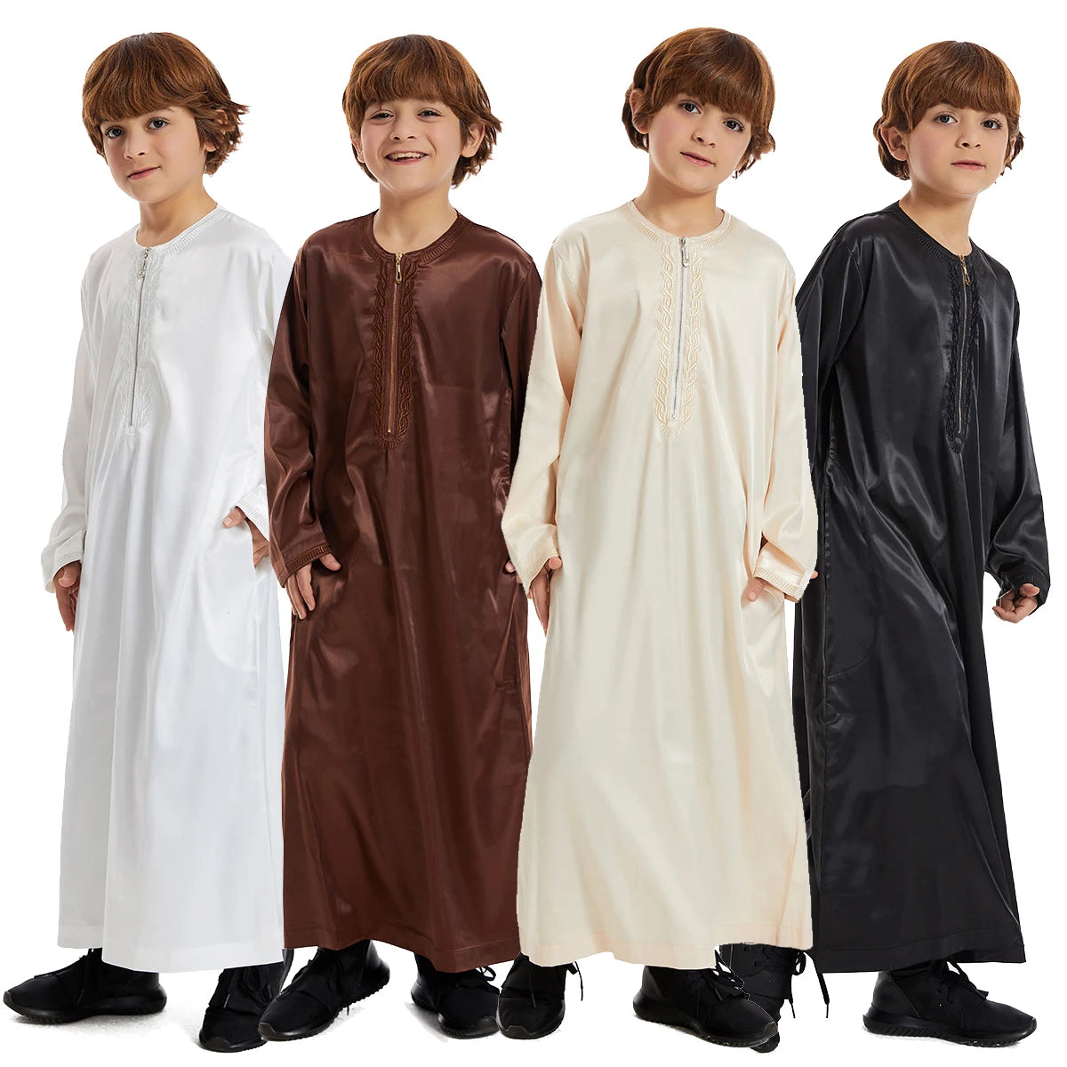 Muslim Boy Robe Long Sleeve Dress Gown Saudi Arabia Abaya Kaftan Jubba Thobe Islamic Kids Clothes Ramadan Eid Djellaba Dishdasha