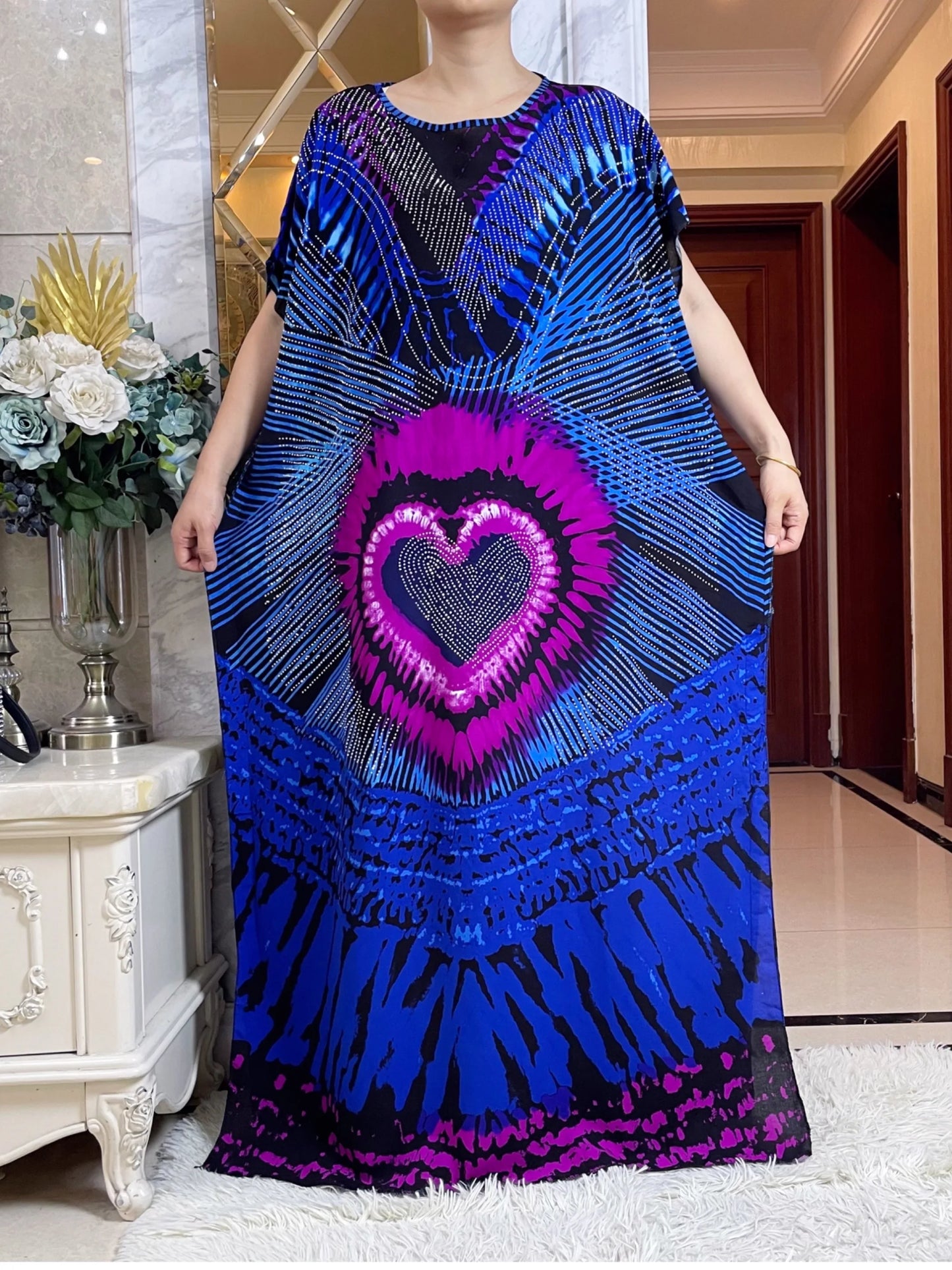 2024 New Muslim Women Clothing Short Sleeve Cotton Floral Dashiki Long Dress Abaya Dubai Diamond Islamic Clothing for Women