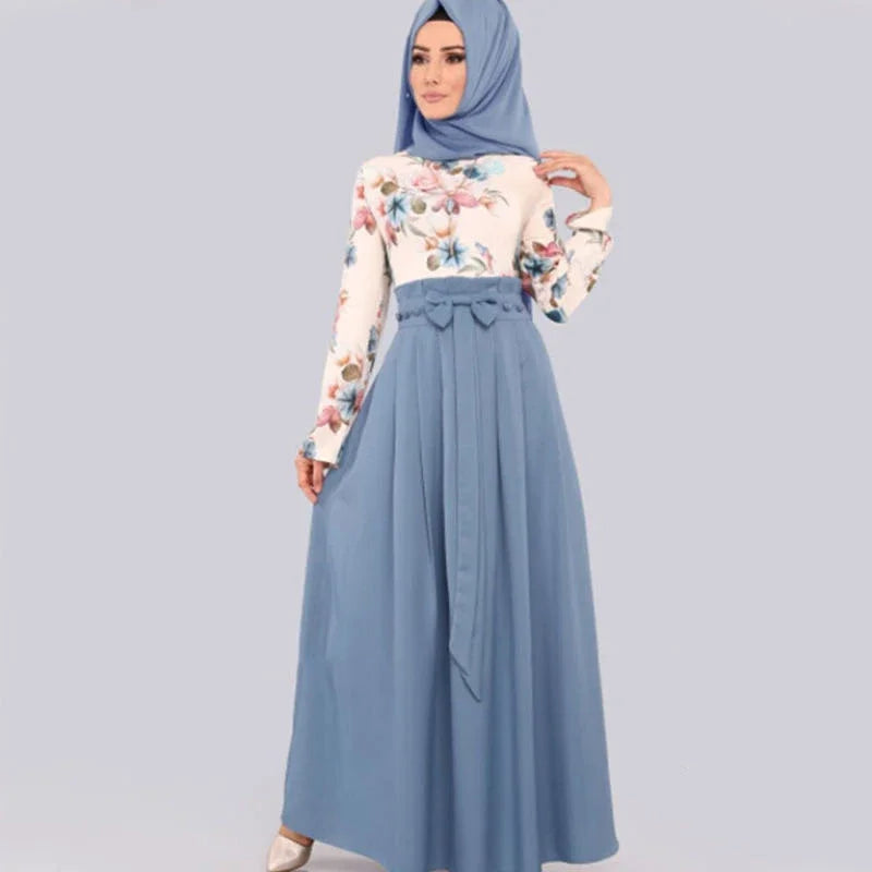 Fashion female abaya Turkish Islamic ruffle pleated hijab dress floral print women robe musulmane kaftan hijab Muslim long dress