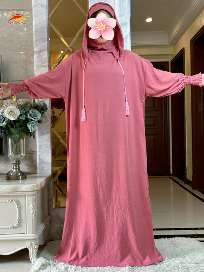 New Ramadan Muslim Double hat Solid Cotton Abaya Dubai Turkey Islam Prayer ClothesWith Stones Dress Islam Women Dress Kaftan