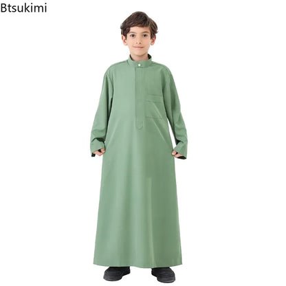 2025 Muslim Kids Jubba Thobe Solid Long Sleeve Robe Arab Islamic Clothing Middle East Teen Abaya Ramadan Kaftan Boys Robe Dress