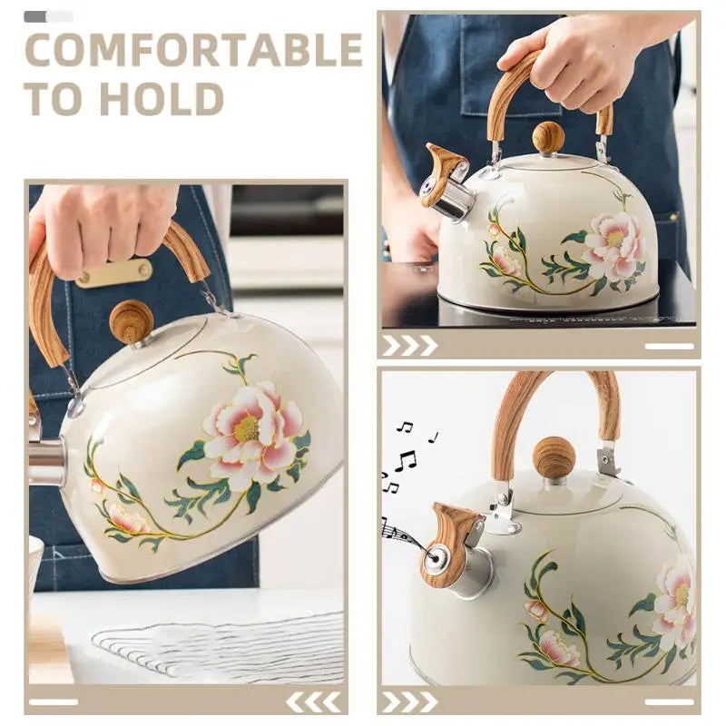 Boiler Kettle Floral Enameled Teapot Stainless Steel Pvc Chinese Kitchen Gadget Whistling