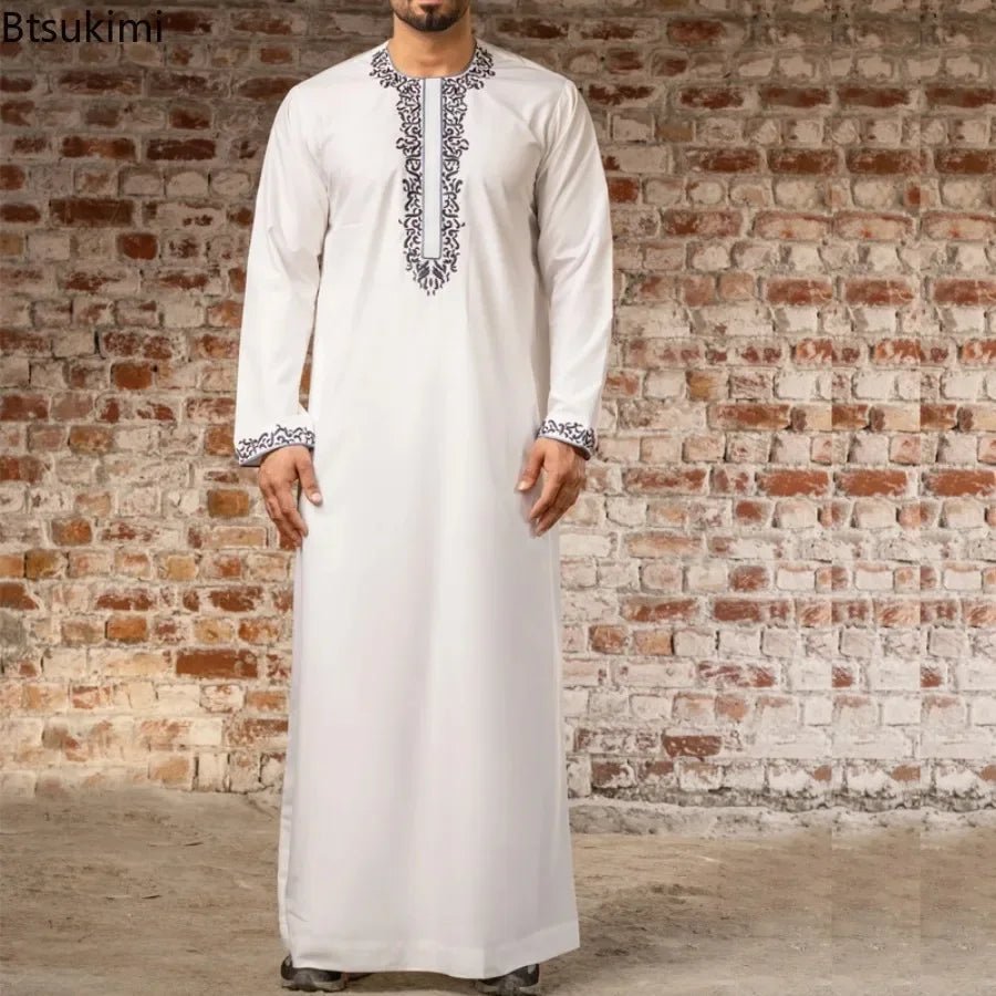 Eid Muslim Fashion Men Jubba Thobe Embroidery Stand Collar Dubai Arab Long Dress Islamic Ramadan Robe Saudi Musulman Abaya Male