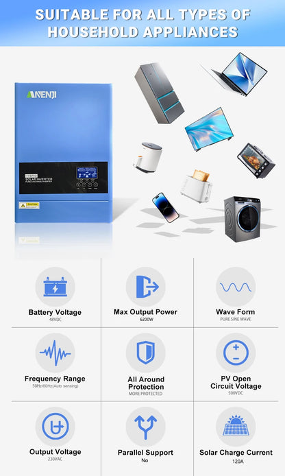 6.2KW 4KW 48V 24V Hybrid Solar Inverter MPPT Pure Sine Wave On/Off Grid Inversor 230V Built-in 120A 100A Solar Charger PV 500V