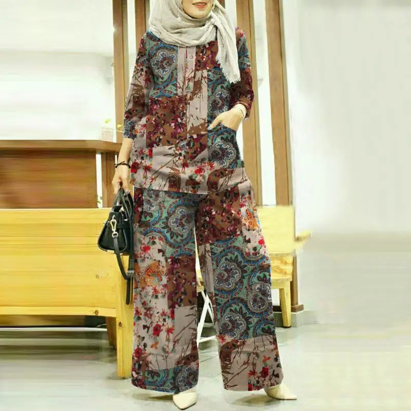 Women Autumn Matching Sets ZANZEA Bohemain Printed Blouse Wide Leg Pant Sets Woman Muslim Suit Fashion 2pcs Floral Tracksuits