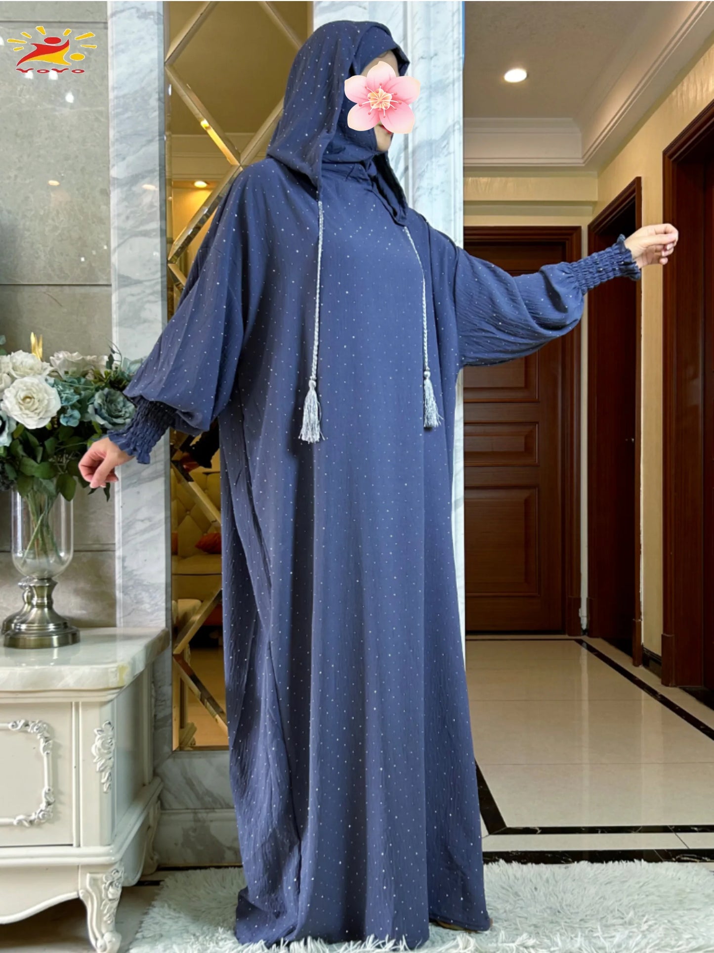 New Ramadan Muslim Double hat Solid Cotton Abaya Dubai Turkey Islam Prayer ClothesWith Stones Dress Islam Women Dress Kaftan