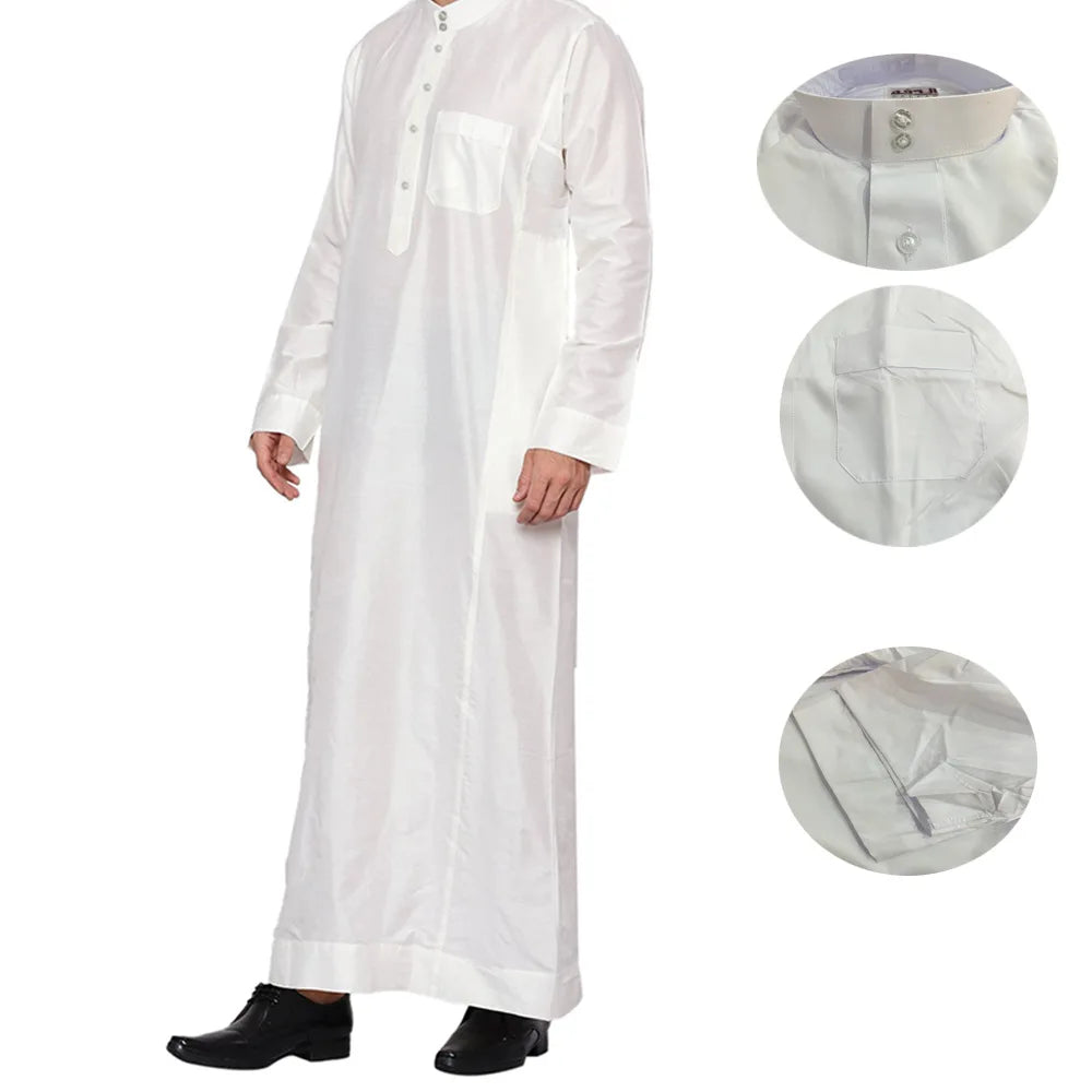 Polyester Muslim Men's Robes Qatar Stand Collar Robe Pocket Design Arab Middle Eastern Menswear Muslim Fashion  Arabic