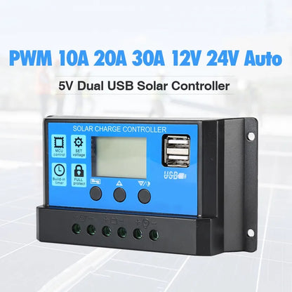 10A 12V 24V PWM Solar Controller Light &Time Control Auto Adapte Solar Charge MCU Controller Dual USB Port LCD Display Hot Sale