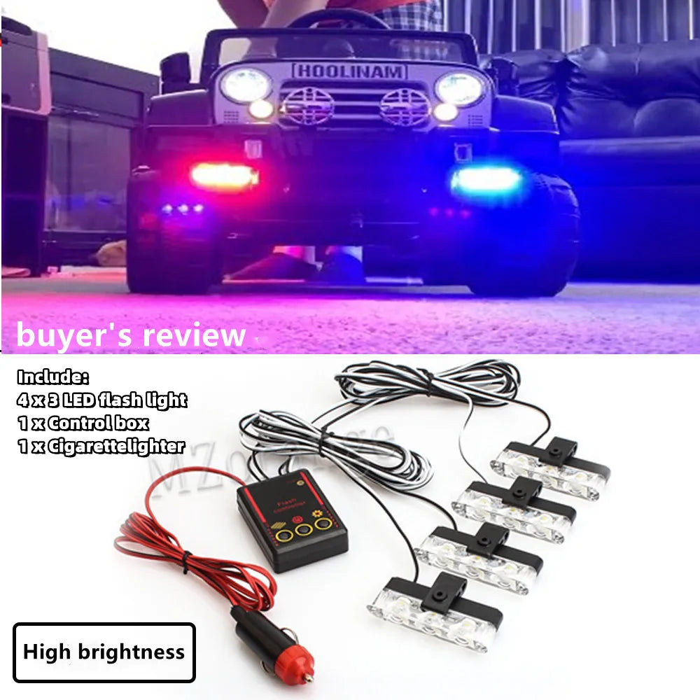 4*3 LED Police Lights for Car Led Flasher Fso Cigaretteer Grill Warning Lamp 12V Motorcycles Strobe Lights Flashlight