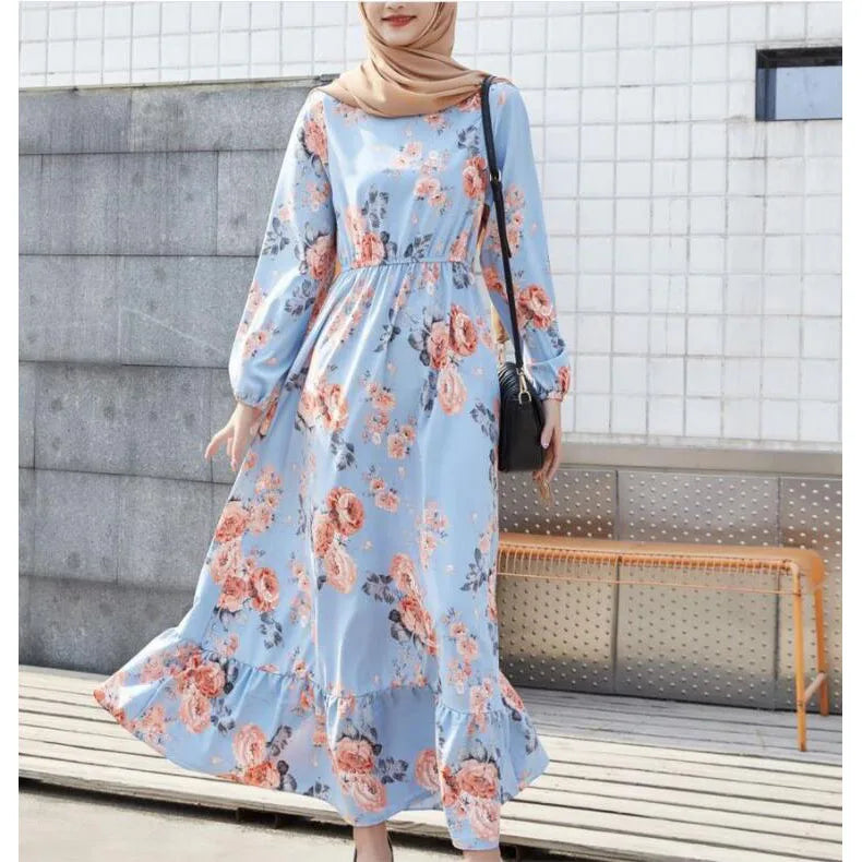 Spring Summer Female Solid Full Sleeve O-neck Casual Dress Women Bohemian Long Dress Woman Muslim Maxi Dresses