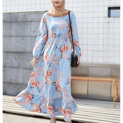 Spring Summer Female Solid Full Sleeve O-neck Casual Dress Women Bohemian Long Dress Woman Muslim Maxi Dresses