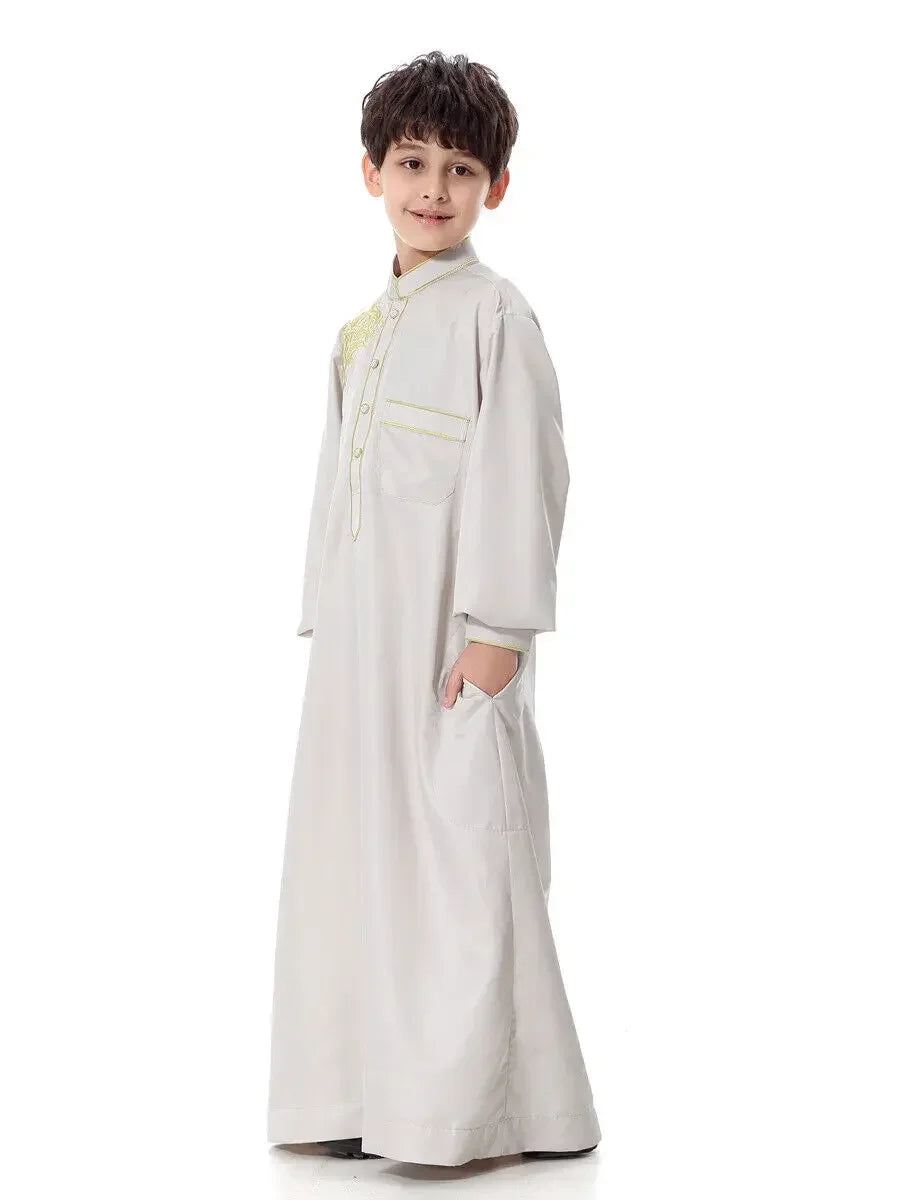 Ramadan Muslim Children Solid Robe Luxury Embroidery Islamic Arab Boys Abaya Singel-Breasted Long Sleeve Dress Dubai Jubba Thobe