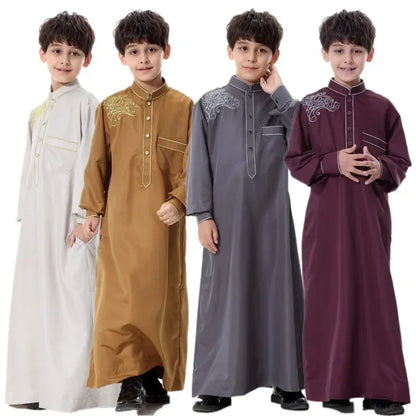 Ramadan Muslim Children Solid Robe Luxury Embroidery Islamic Arab Boys Abaya Singel-Breasted Long Sleeve Dress Dubai Jubba Thobe