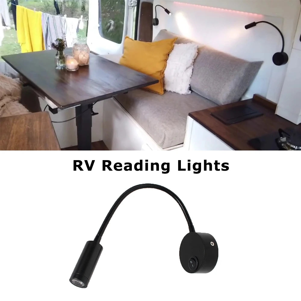 RV LED Reading Light 12V Flexible Gooseneck Wall Lamp 360 Degree Rotation Hose Wall Button Control for Caravan Motorhome Camper