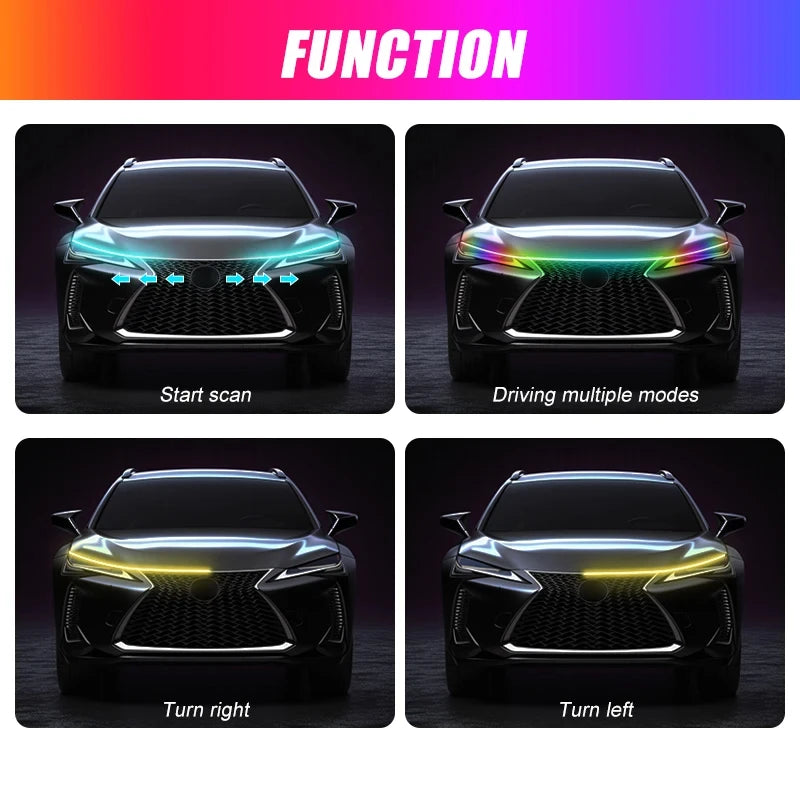 12V LED Car Hood Light RGB With Turn Signal DRL Multifunctional APP Control Neon Strip Daytime Running Light Car Decoration Lamp