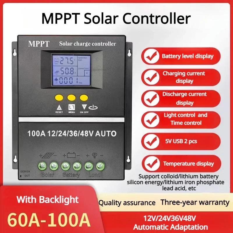 MPPT Solar Controller 12V24V36V48V Lead-acid Lithium Battery Photovoltaic Panel Charging and Generation Controller 100A