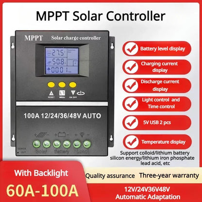 MPPT Solar Controller 12V24V36V48V Lead-acid Lithium Battery Photovoltaic Panel Charging and Generation Controller 100A